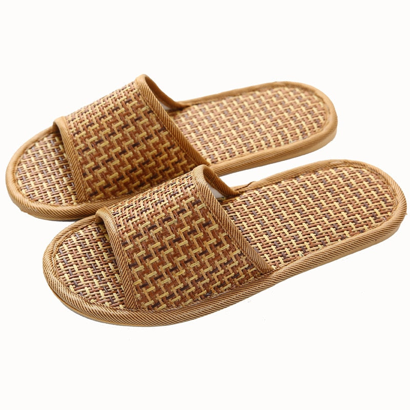 Spring and summer bamboo woven rattan and grass lovers straw mat slippers indoor wooden floor home linen slippers