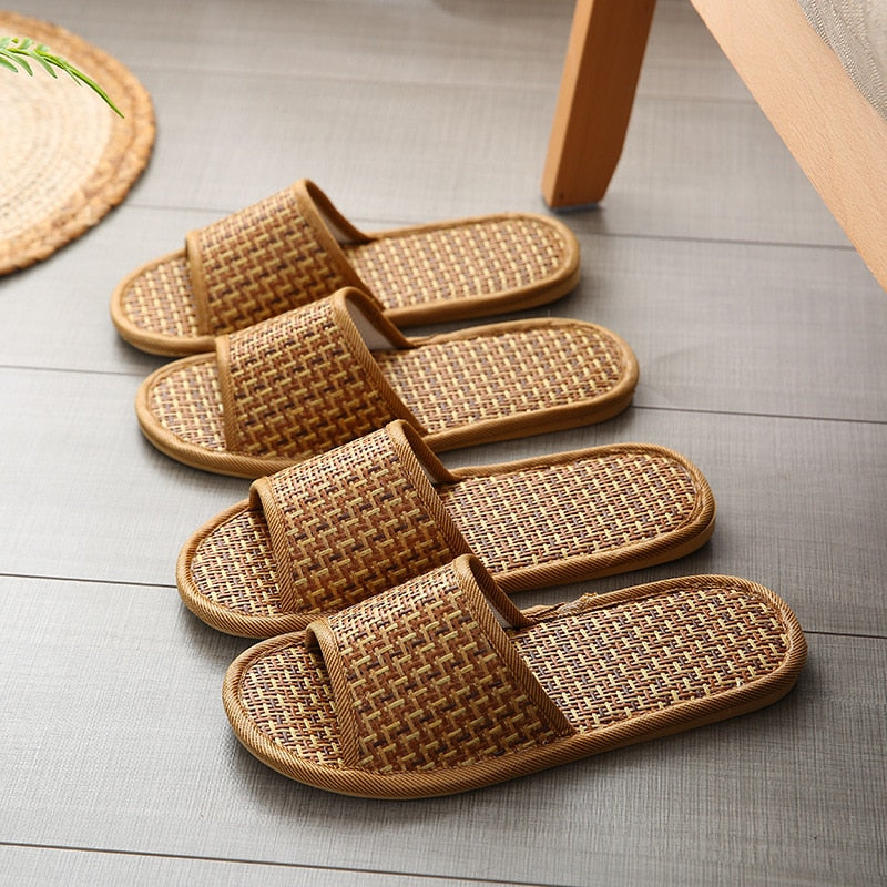 Spring and summer bamboo woven rattan and grass lovers straw mat slippers indoor wooden floor home linen slippers