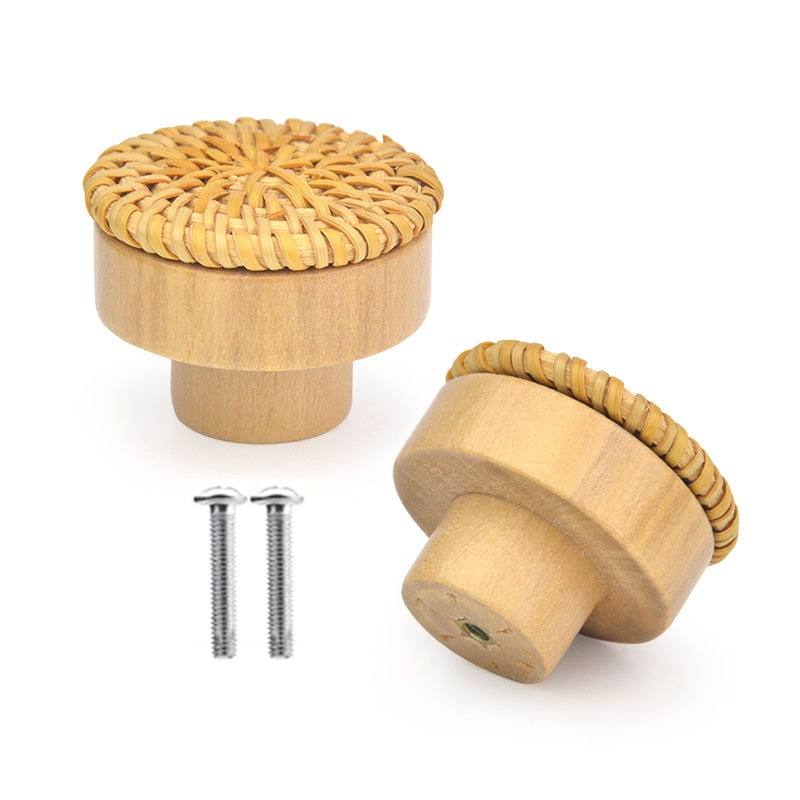 Wooden Handles Dresser Knobs Round Rattan Furniture Handles Handmade Kitchen Cupboard Drawer Knobs