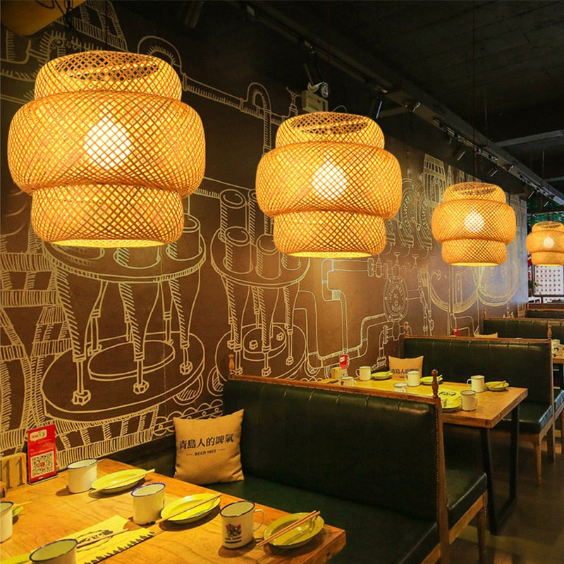 ZK50 LED Handmade Rattan Chandelier Round Straw Hat Bamboo Lamp Pastoral Vintage Restaurant Chandelie Light for Cafe Bar E27 E26