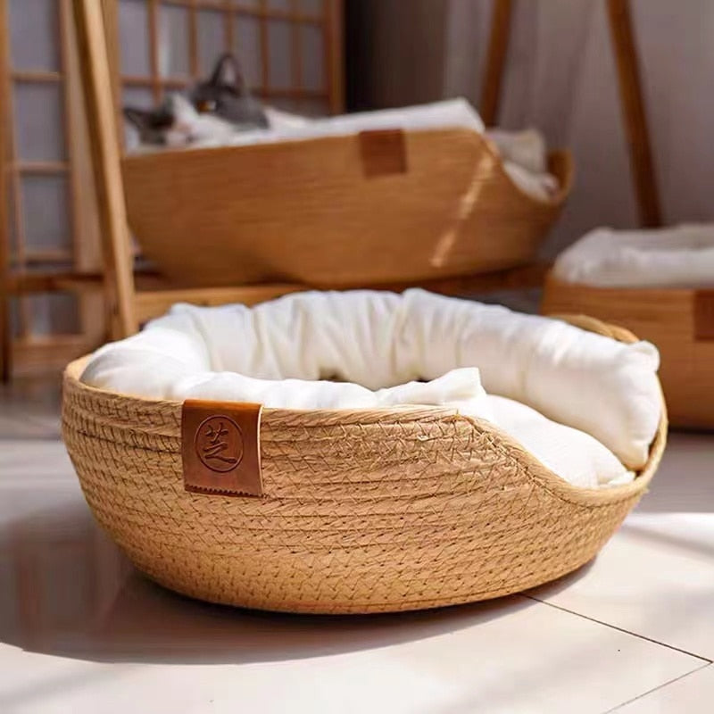 Handmade Rattan Bamboo Cozy Cat Bed Four Seasons