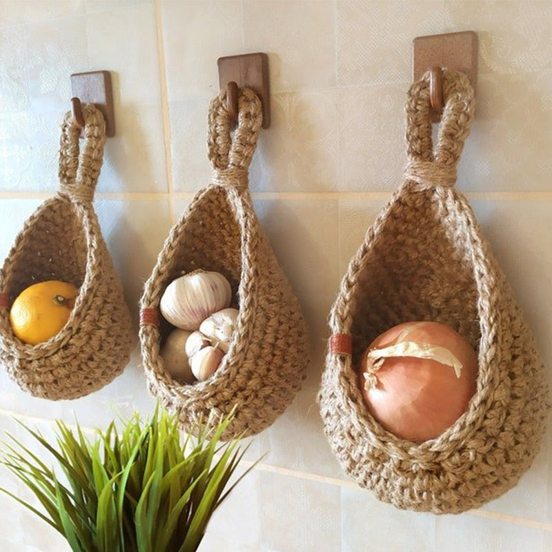 Handmade Rattan Wall Hanging Storage Vegetable and Fruit Basket