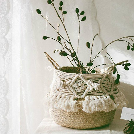 Handmade Rattan Macrame Tassel Flower Basket